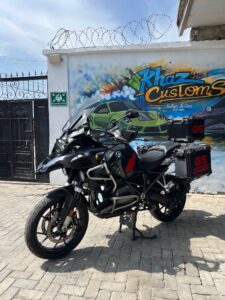 BMW GS Bike Wrap in Brushed Metallic Black, Forged Carbon fibre with Red Livery & Stripes